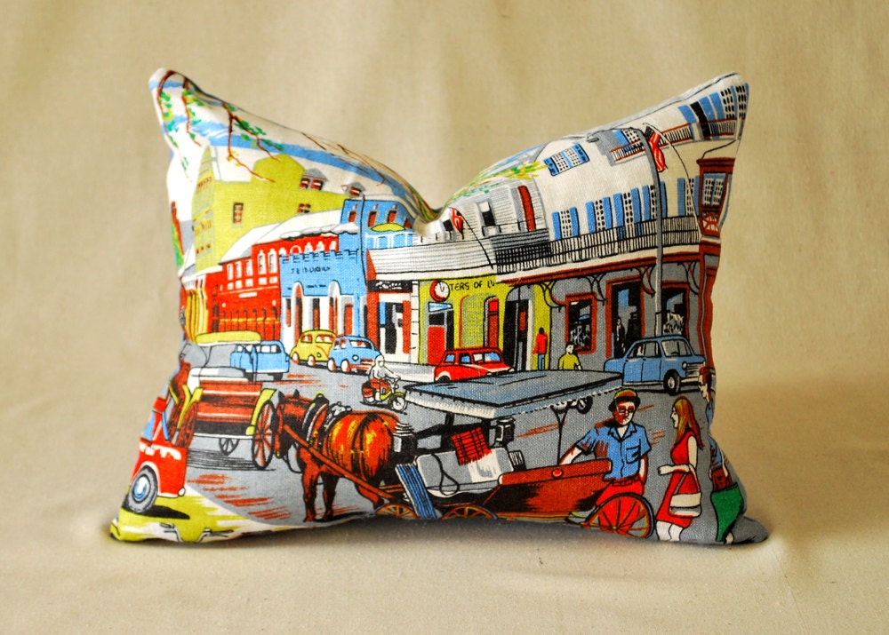 Cityscape Pillow Cover Vintage Linen Tea Towel 14"x18"