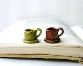 Miniature Tea Cup and Saucer - Tiny Ceramic Pendant in Rustic Red or Moss Green - OOAK - BackBayPottery