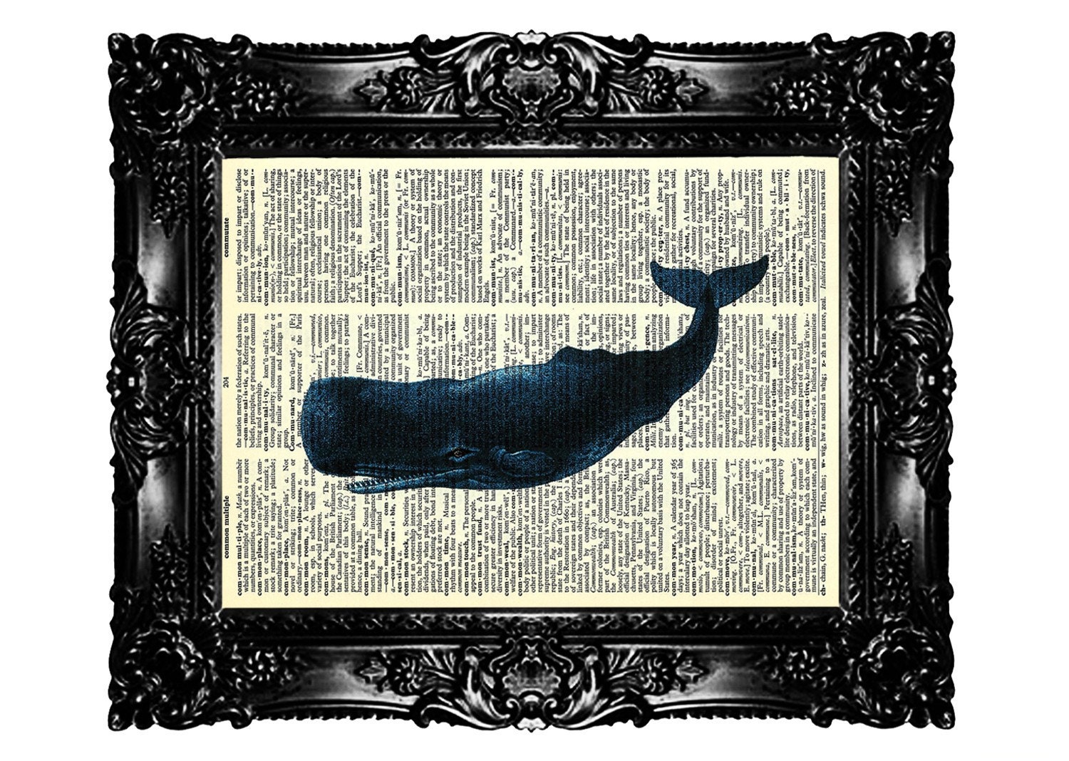 Big Blue Whale 2 Dictionary Page Art Prints Upcycled Book  Art Prints Vintage Book Print  Vintage Book Page Buy 3 get 4th free