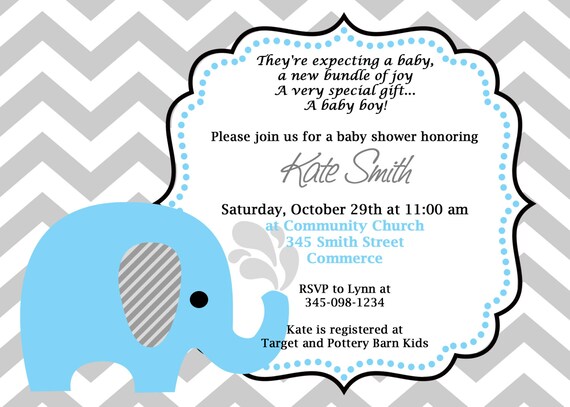 Printable Blue Elephant Chevron Baby Shower Invitation. Customized Shower Invitation. Cute Blue Elephant Birthday Invitation. Il_570xn