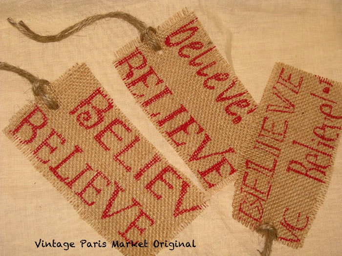Believe Old World Vintage Style Burlap Christmas Gift Tags Original Design