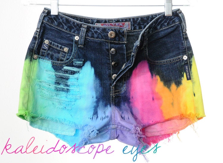 Vintage Silver Jeans Mid Rise RAINBOW OMBRE Dyed Denim Cut Off Shorts S