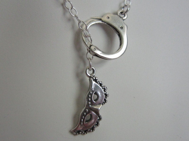 50 Shades Of Grey - Inspired Solid Sterling Silver Handcuff Masquerade Mask Lariat Necklace