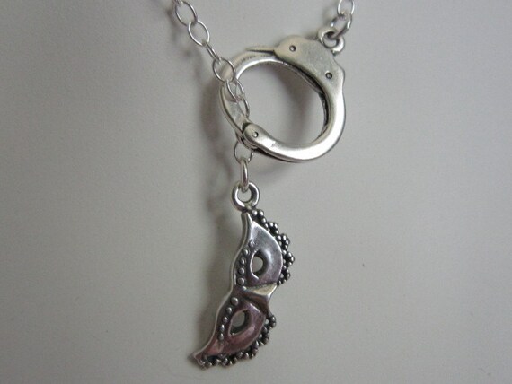 50 Shades Of Grey - Inspired Solid Sterling Silver Handcuff Masquerade Mask Lariat Necklace