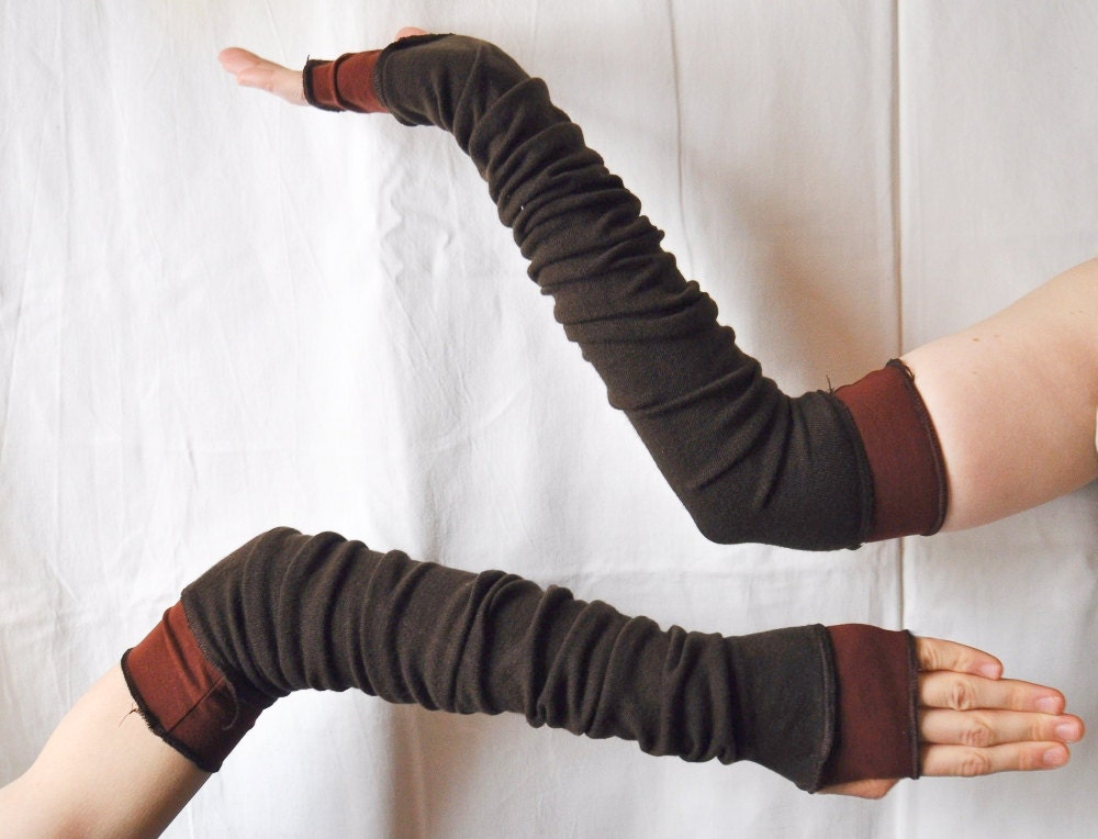Creased Arm Warmers Dark Brown Upcycled Clothing Funky Long Arm Warmers Wrapped Wrists Cuffs Eco Tattered Style Woman's Clothing - cutrag