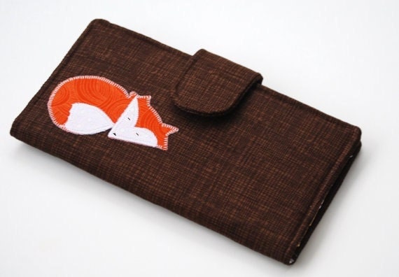 Fox Wallet, Handmade Applique Bifold Clutch, Trees, Leaves, Brown and Orange, Made to order