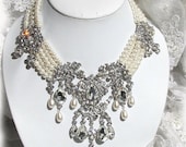 Wedding jewelry, OOAK Bridal bib necklace, vintage inspired pearl necklace, rhinestone Victorian bridal necklace
