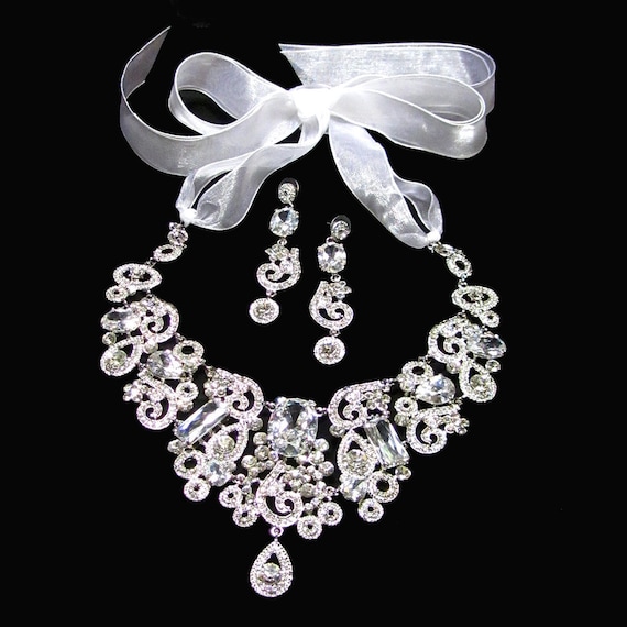 Wedding Jewelry Set Ooak Bridal Bib Necklace Crystal