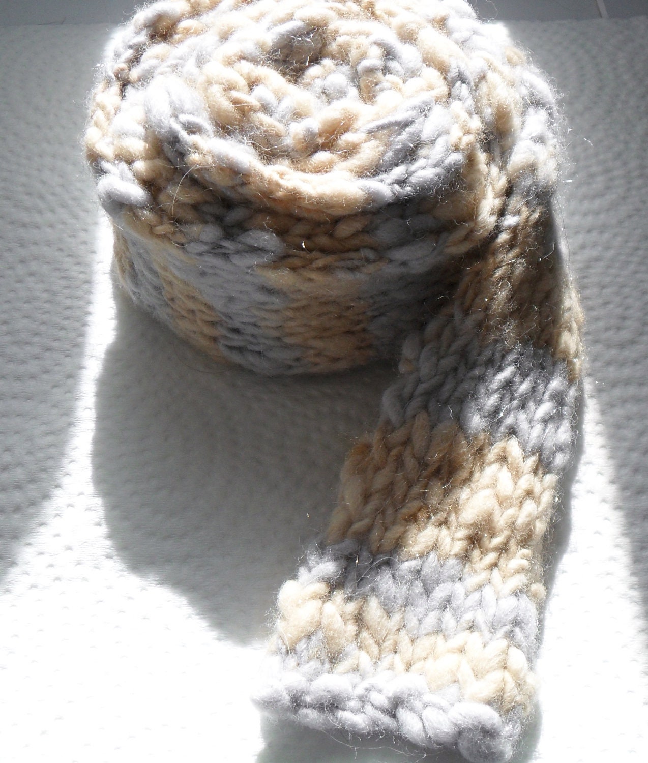 Handspun silver and gold striped  knitted skinny scarf