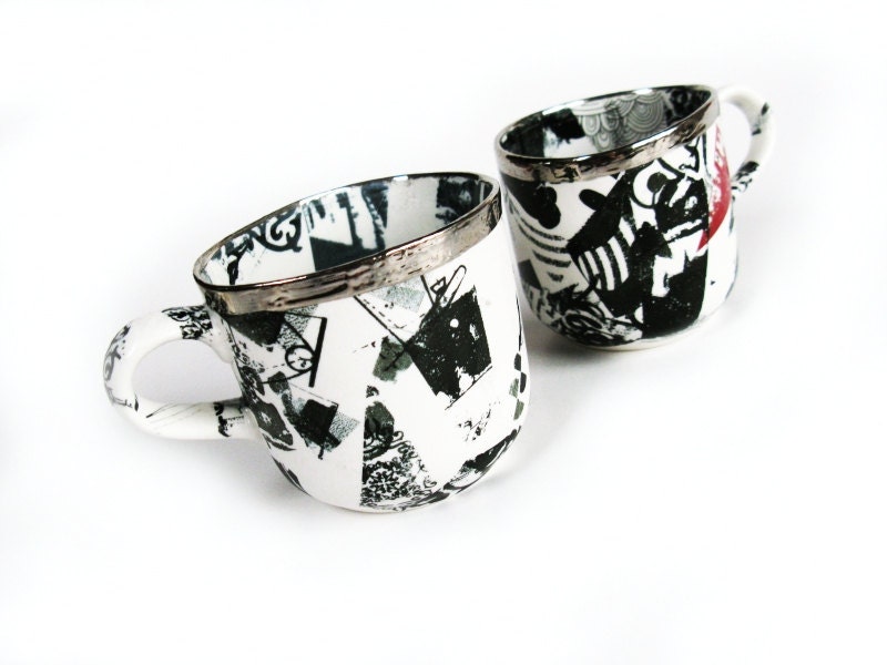 Set of two porcelain mugs with platinum luster Grafika cups set for tea or coffee lovers modern pottery