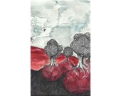Uncertain Ground:  Original tiny pen and ink drawing with watercolor ACEO