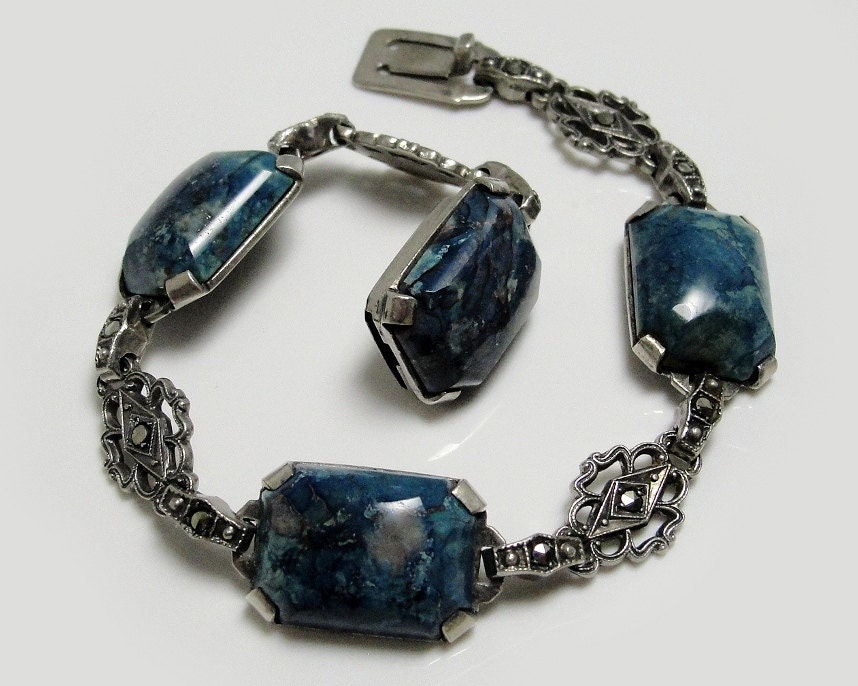 1930s Art Deco Sterling Silver Lapis & Marcasites Bracelet