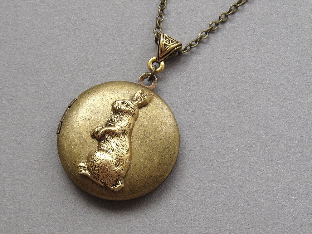 Rabbit locket necklace, round brass picture locket, long antique brass chain, celtic woodland