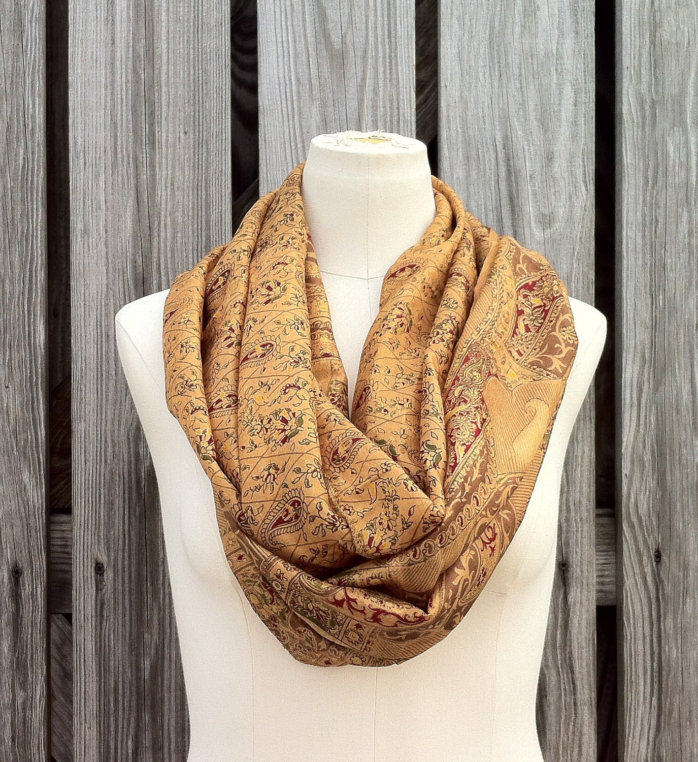 Infinity Scarf Beautiful Upcycled VINTAGE Silk Sari Circle Scarf in Autumn Warm Gold Mustard Paisley