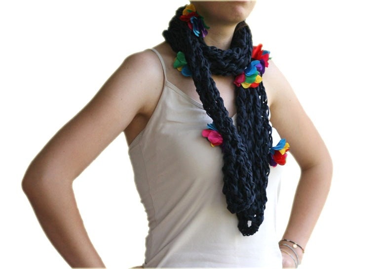 Navy Blue Scarf with Rainbow Colors Flowers - Cotton Spring Summer Fashion -  Women Teens Accessories - Knit Multicolor Fashion