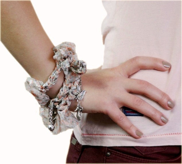 Knitted Bracelet with Metal Charms - Necklace in Peach and Grey - Women Teens Accessories