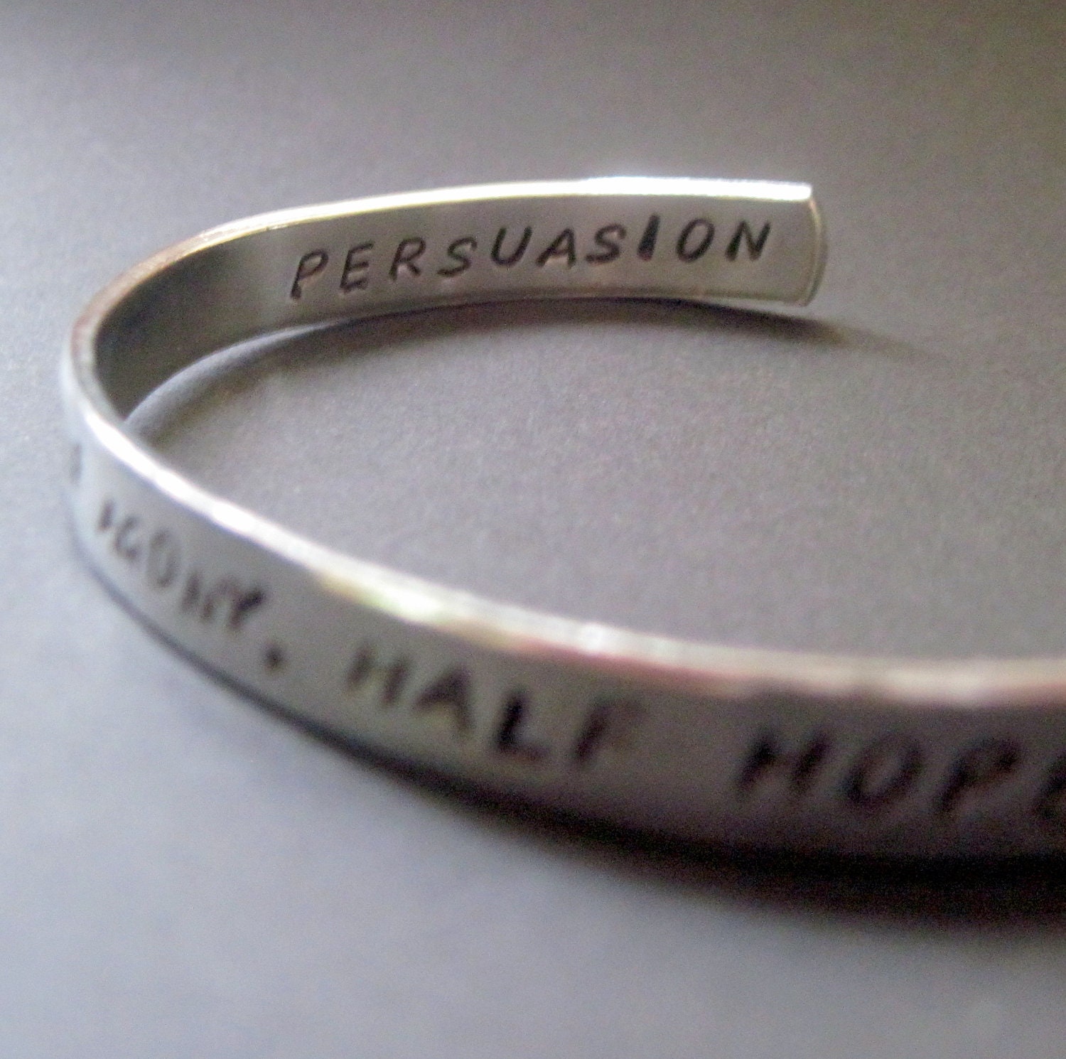 Jane Austen Bracelet - I Am Half Agony, Half Hope - 2-Sided Hand Stamped Aluminum Cuff - customizable - emerydrive