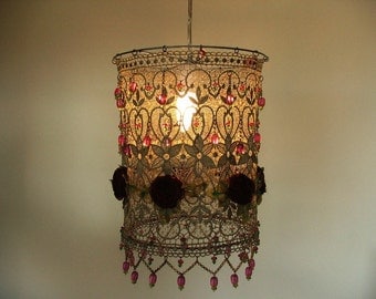 Burgundy Organza Handmade Flowers in a Delicate and Classic Lace Ceiling Light