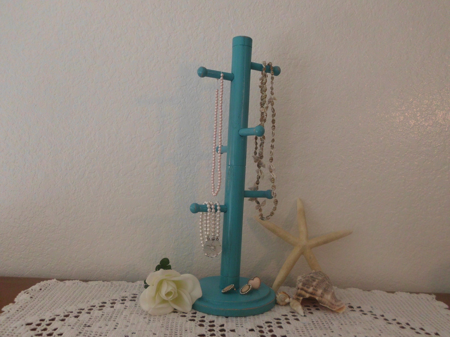 Aqua Turquoise Teal Vintage Wood Mug Rack Tall Coffee Tea Cup Holder Wooden Jewelry Organizer Hat Tree Beach Cottage Kitchen Home Decor