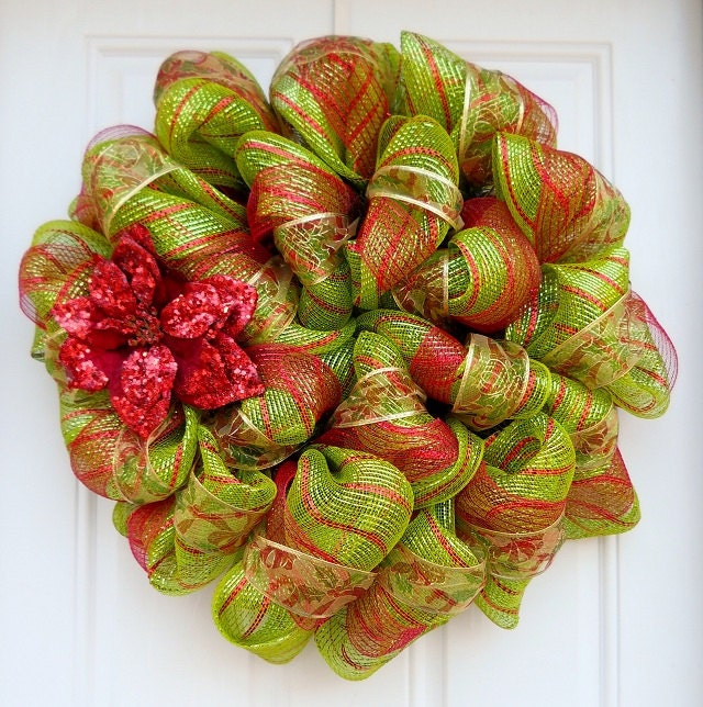 Metallic Lime & Red Striped Holiday/Christmas Mesh Wreath With Glitter Poinsetta