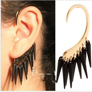 1Pc Gothic Punk Black/Red Rivet Spiked Spike Golden Metal Ear Cuff Wrap Earrings NO PIERCING - JanesGiftStore