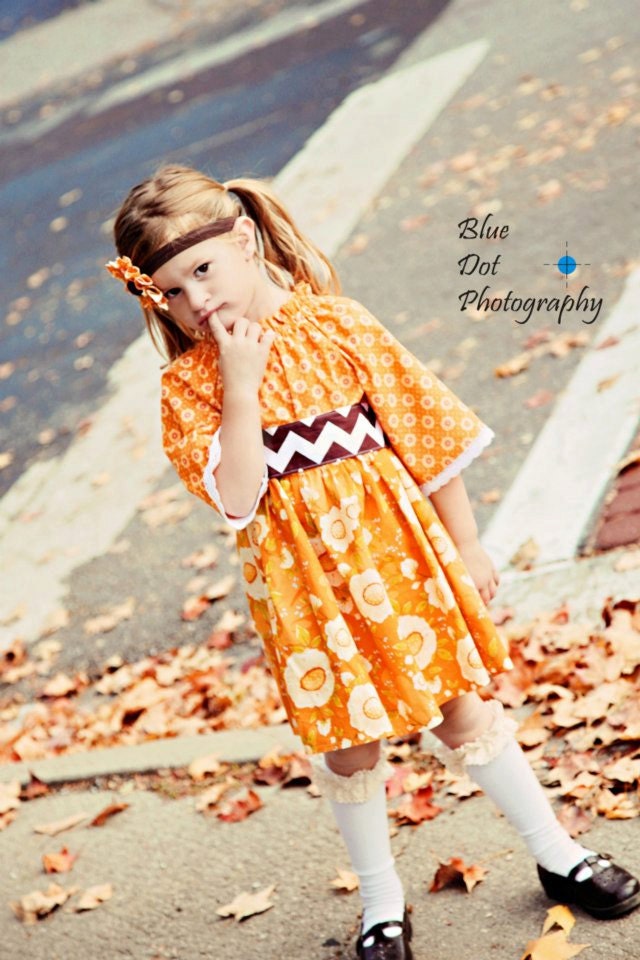 The Sadie - Girls Fall Dress Thanksgiving Orange Brown Chevron Girls Peasant Dress 6-12mo - 12 yrs