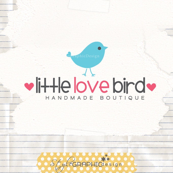 Custom Premade Logo Design Cute bird with tiny hearts design photography logo boutique branding