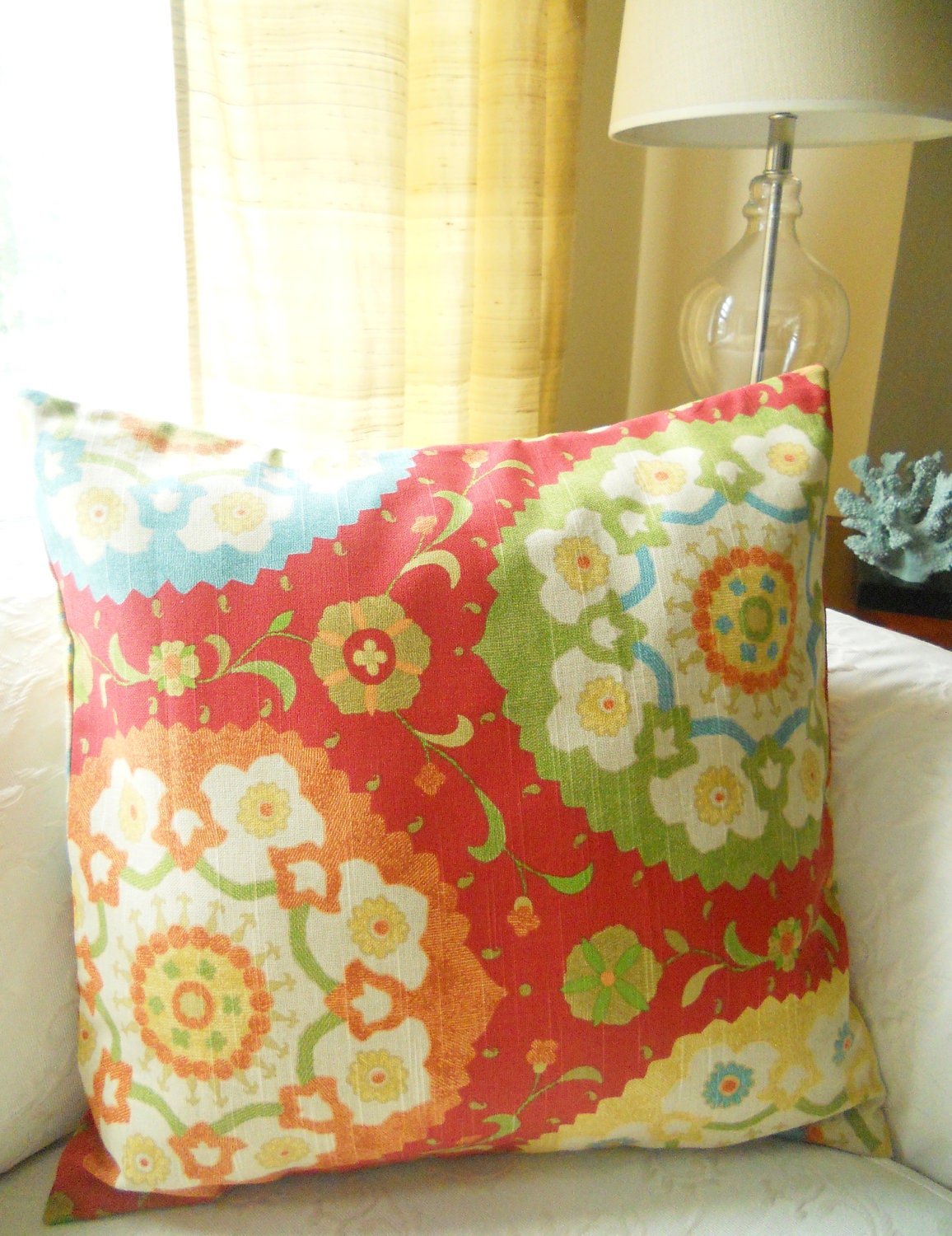 Red Suzani Pillow - 18 x 18 Inch Throw Pillow, Accent Pillow - FABRIC BOTH SIDES