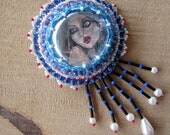 SHIVVVER an original art brooch beaded leather fringe lady portrait drawing art jewelry