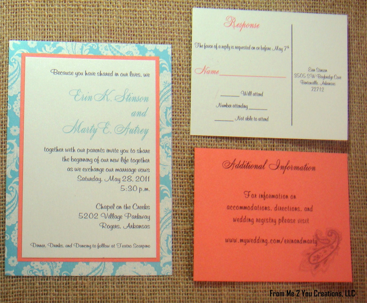 Beach Wedding Invitation--Metallic Teal, Coral, and Cream Damask/Paisley Tri-Layered Invitation w/ Pocket, Monogram Tab, Ribbon, and inserts