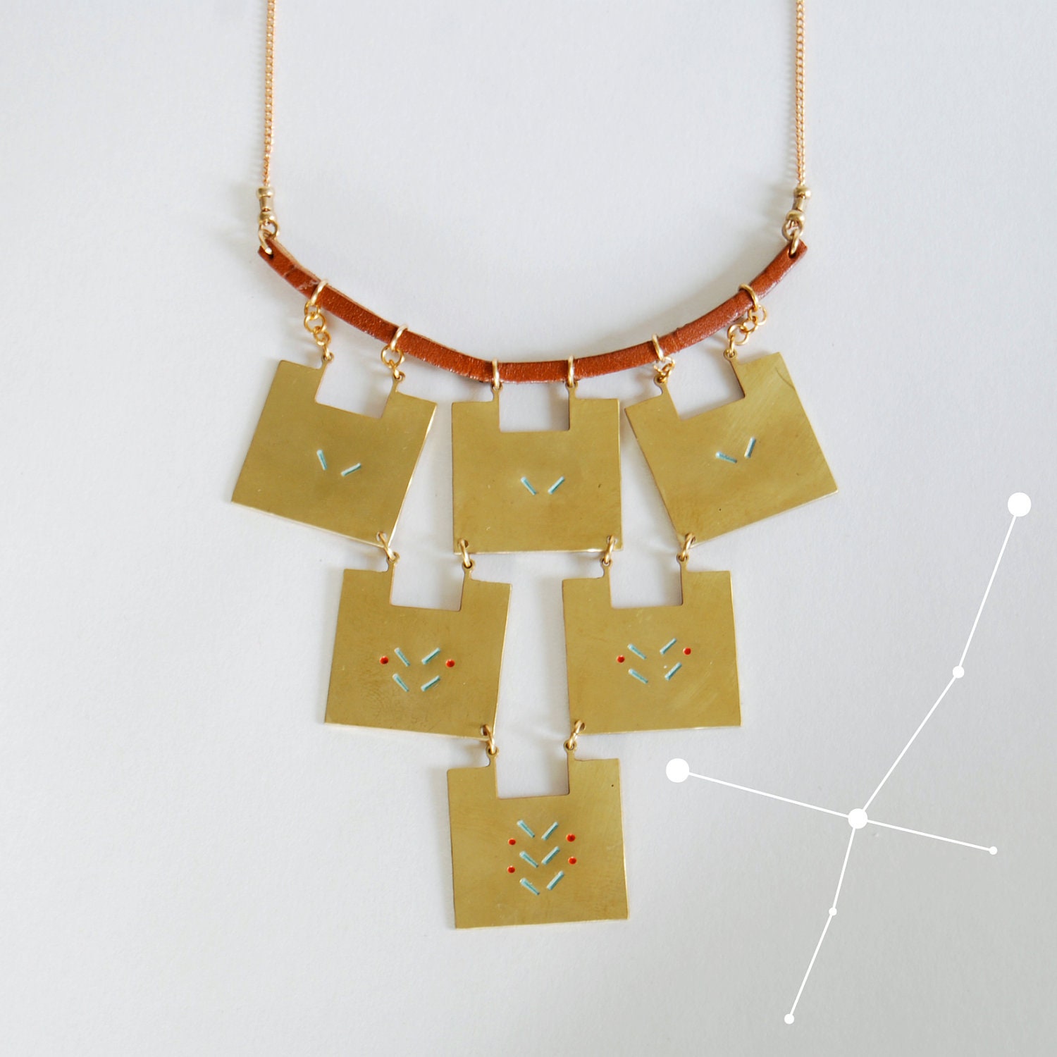Geometric Statement Necklace, Brass Square Hand-Stamped Bib