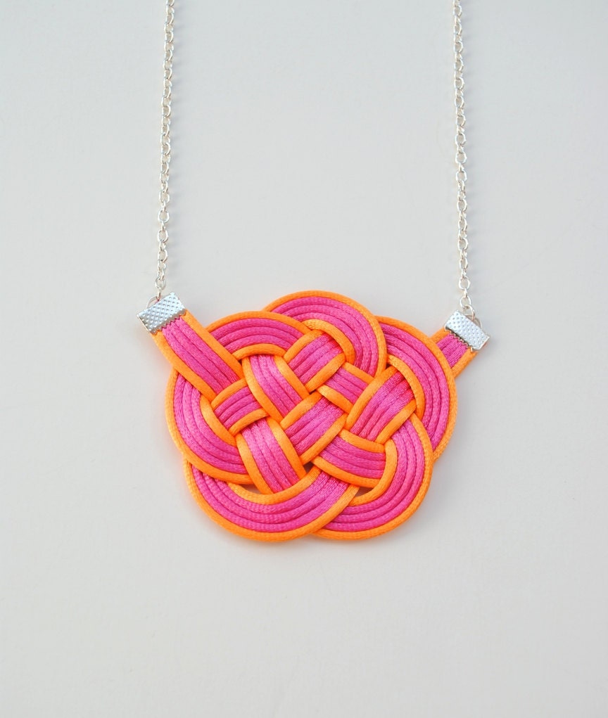 Pink and Orange Cloud Knot Necklace, Neon Rope Jewelry, Satin Cords, Summer Trends, Beach, Bright, Colourful