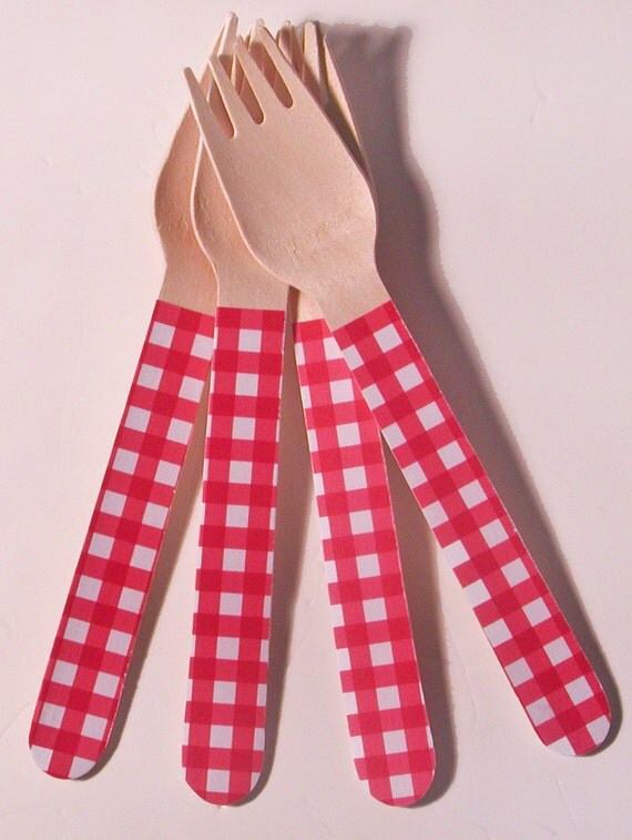 Red Gingham Wooden Forks or Spoons - Set of 20 Il_570xn