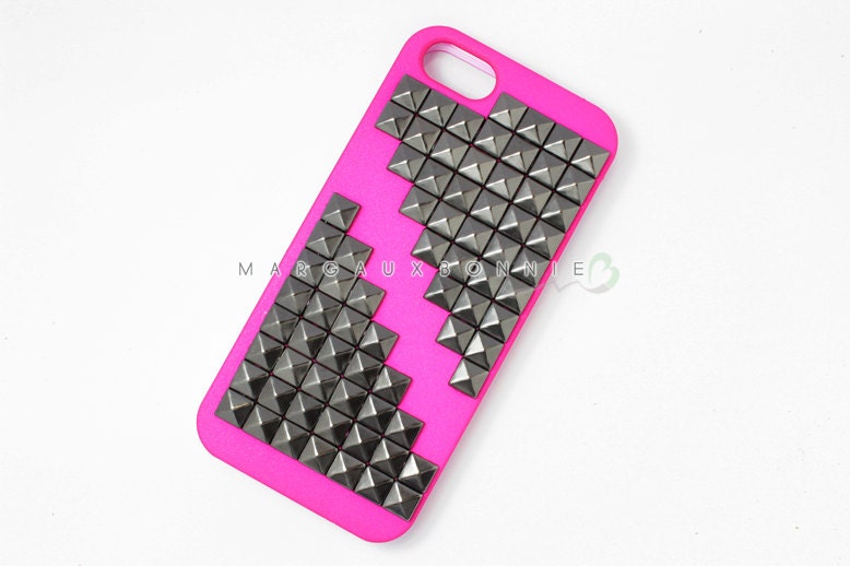 FREE Shipping US -- iPhone 5 Gunmetal Black Studs Studded Double Pyramid Hot Pink Hard Phone Case AT&T Verizon Sprint