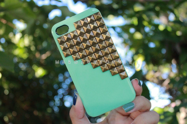 FREE Shipping US -- Mint Green Antique Brass Studs Studded iPhone 4 4S Phone Case AT&T Verizon Sprint