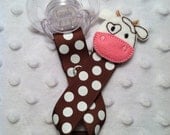 Brown with White Polka Dots and Adorable Cow Face Applique Hiding Clip Pacifier Clip Paci Clip Soothie Binky