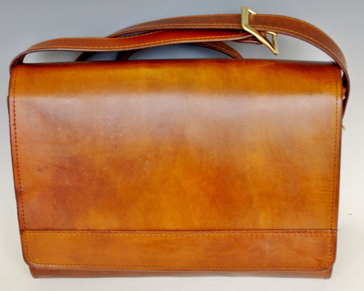Leather Messenger Bag - Full Flap - Hard Leather - Light Brown