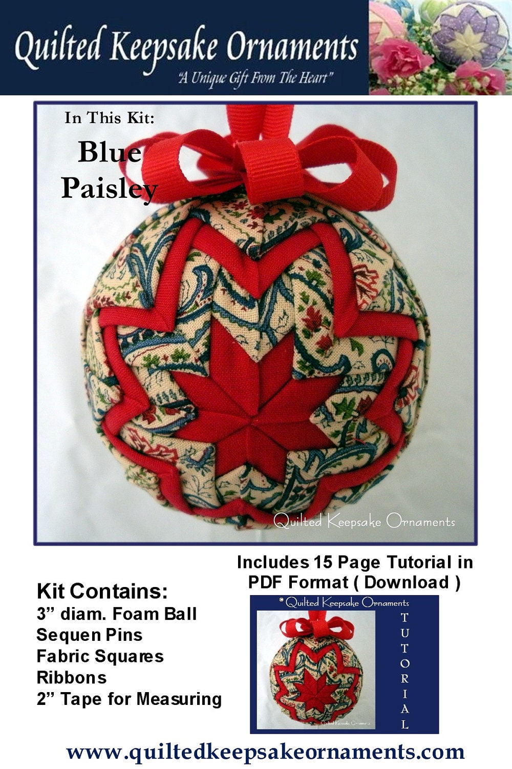 KIT - Quilted Keepsake Ornaments - Blue Paisley Design - Kit Includes PDF Download Tutorial