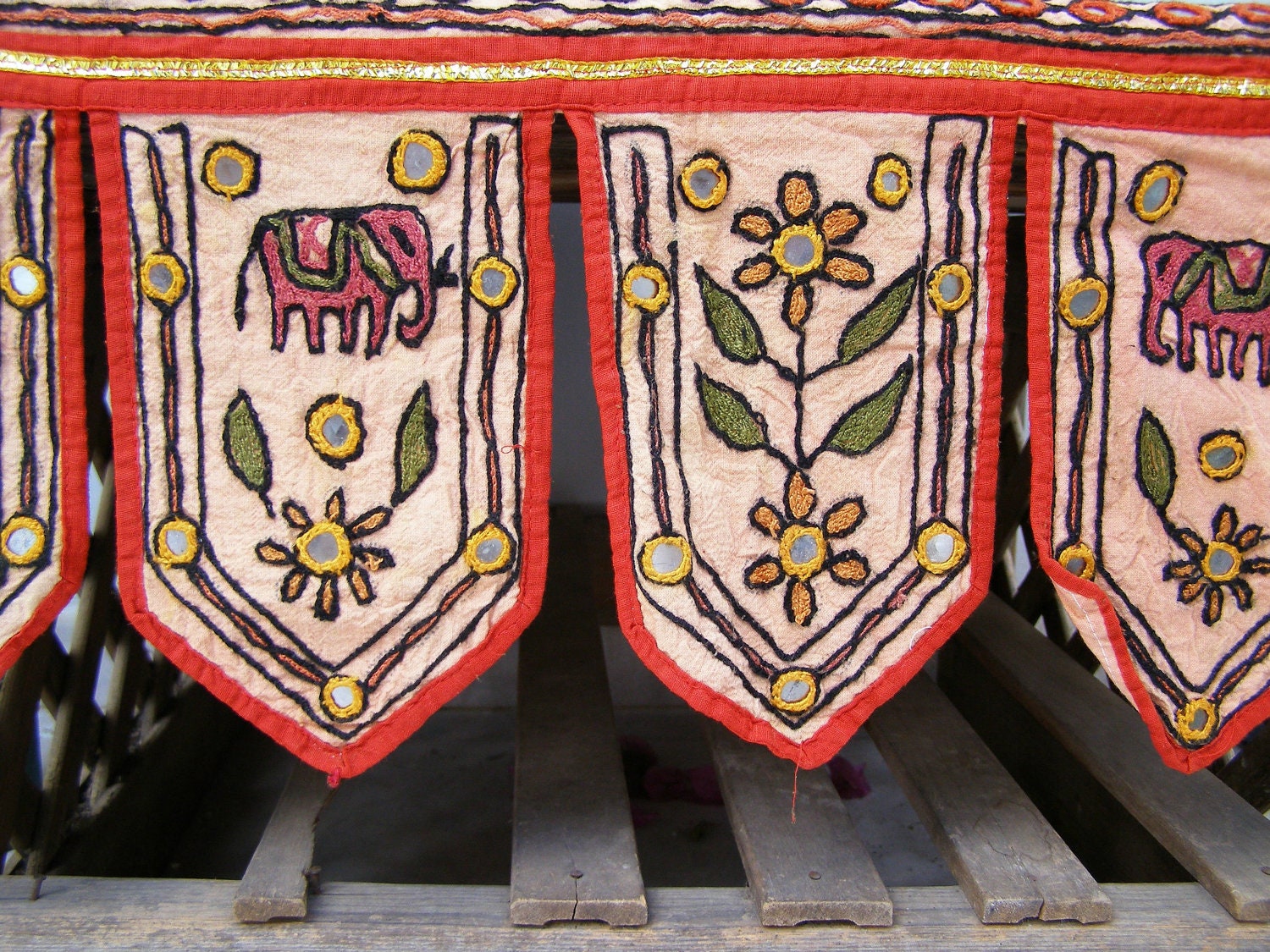 Boho oriental Valance, reach texture hand embroidered Trim Made in India, Vintage Lintel valance, Autumn Harvest, fabric wall art