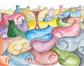 Colourful Cats Print, Cats Illustration, Colourful Quilt of Cats 12 x 16, A3 Print