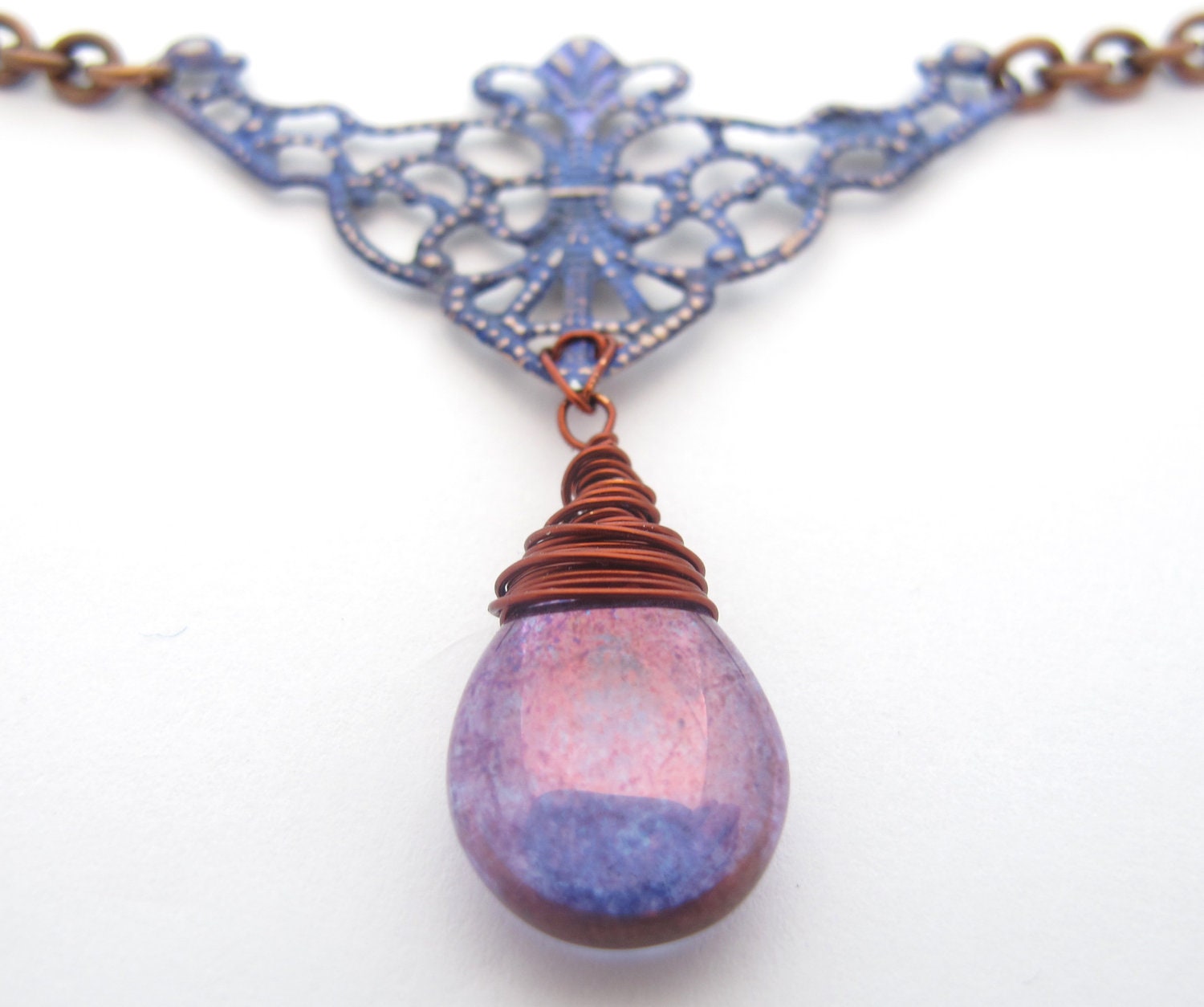 Filigree Patina Necklace and Wire Wrapped Pendant - Blue, Purple, and Copper