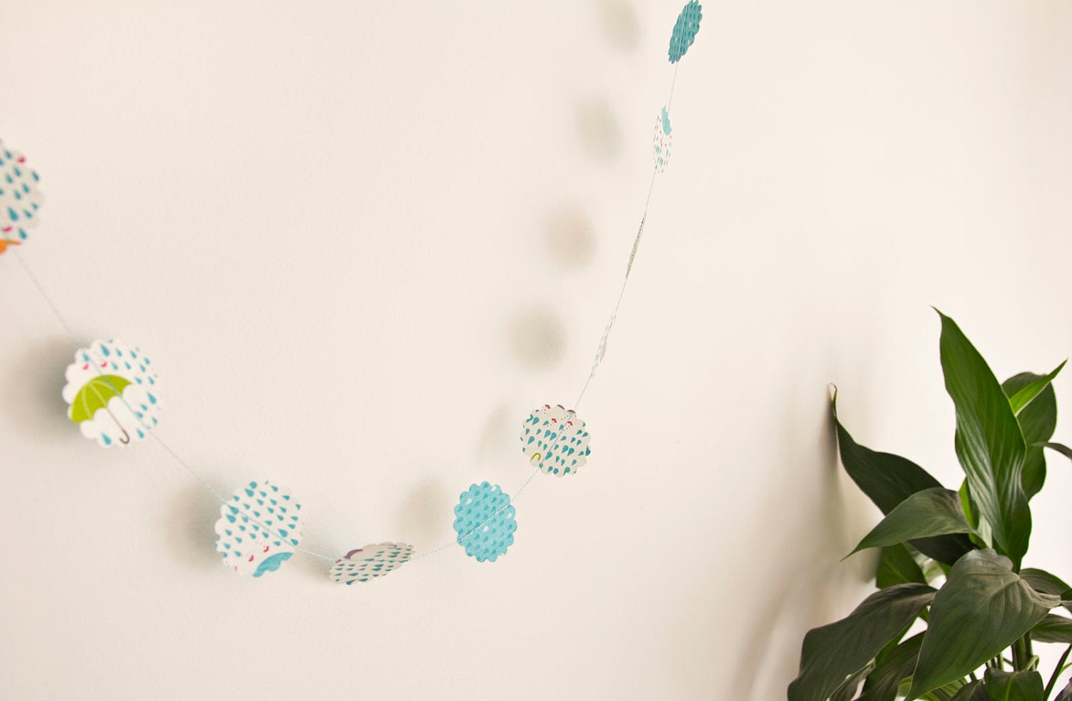 Raindrops & Umbrellas Blue Paper Garland Bunting Room Decoration