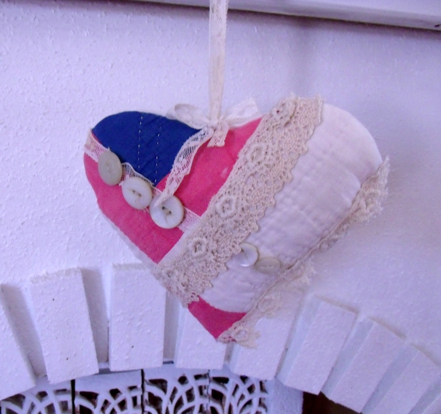 Quilted Heart Pillow Vintage Buttons Lace Handmade Cottage Shabby Gift