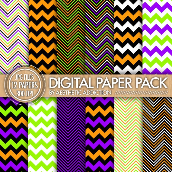 Halloween Chevron Digital Paper Pack // Orange Purple Green White // Chevron Zig Zag Lines // Commercial Use // 12412
