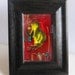 Small original oil painting. ACEO art card. "Flicker of Flight" by Brandy Cattoor. Abstract red and green, with yellow bird