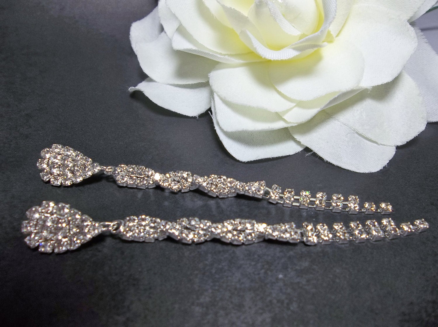Bridal jewelry - LONG - Pave Crystal - Rhinestone earrings - 3 1/2" of SHIMMERING crystals - Slim twisted design - STATEMENT earrings