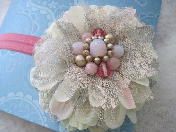 Newborn White Lace Flower Headband Grey Lace with Antique Jewelry Center With Pink Foldover Elastic Band