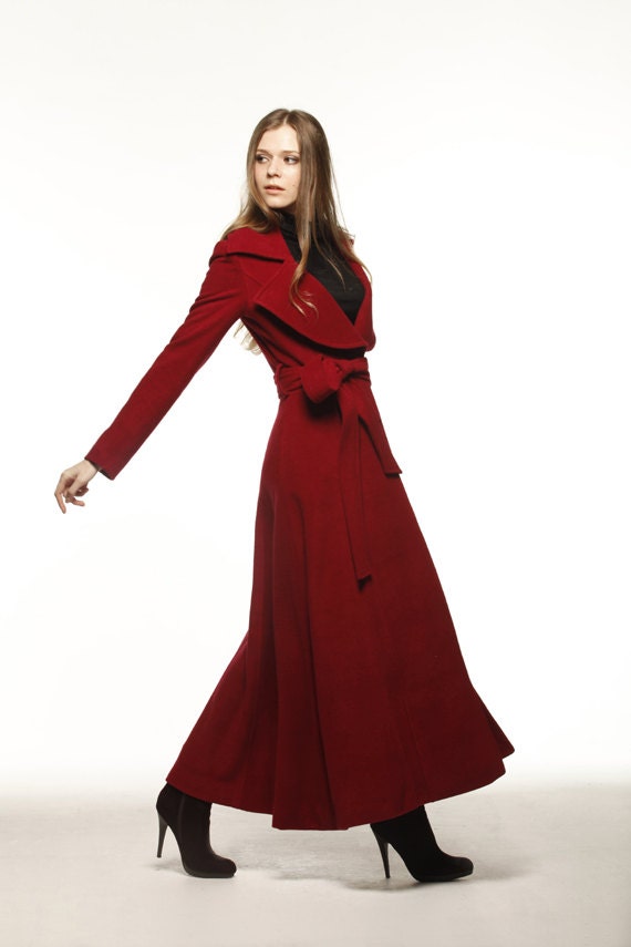 Wine Red Coat Big Lapel Women Wool Winter Coat Long Jacket - NC484 - Sophiaclothing