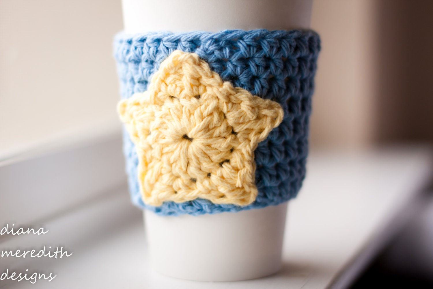 Crochet Coffee Cozy - Light Blue with Yellow Star