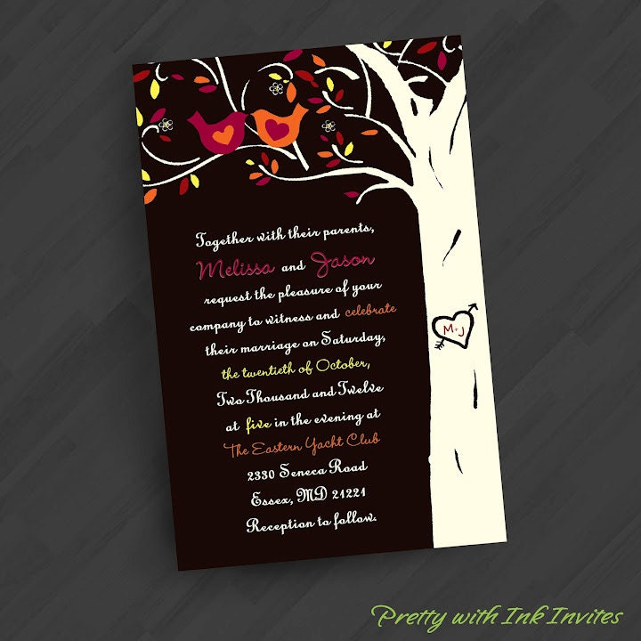 Autumn Mod Birdies on Black Invitations for Engagement/Wedding/Shower/Your Special Event (Shown in Black/Ivory/Orange/Red/Yellow)